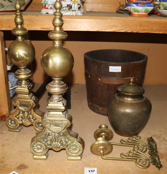 Coopered barrel, pair fire dogs, brass pot, etc